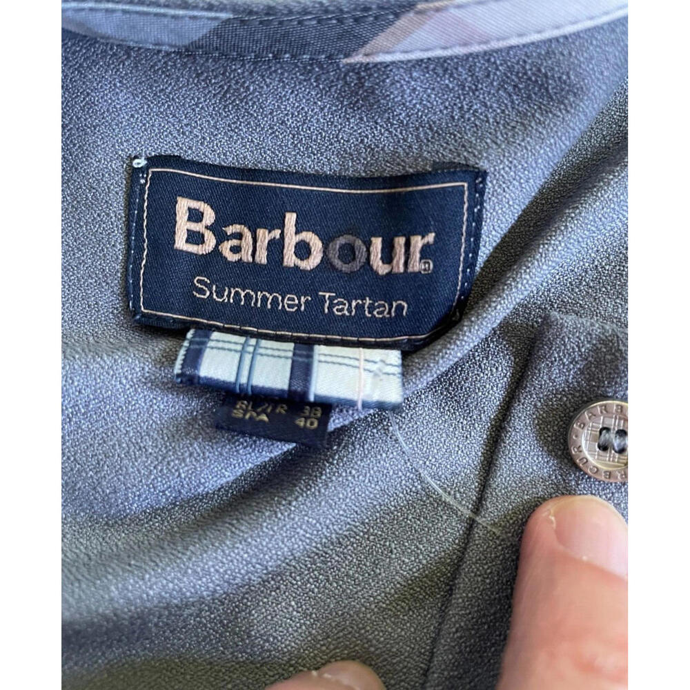 Barbour Summer Tartan Carron Top Mercury Grey Roll Back Sleeves Curved Hem US 6 - Picture 9 of 9